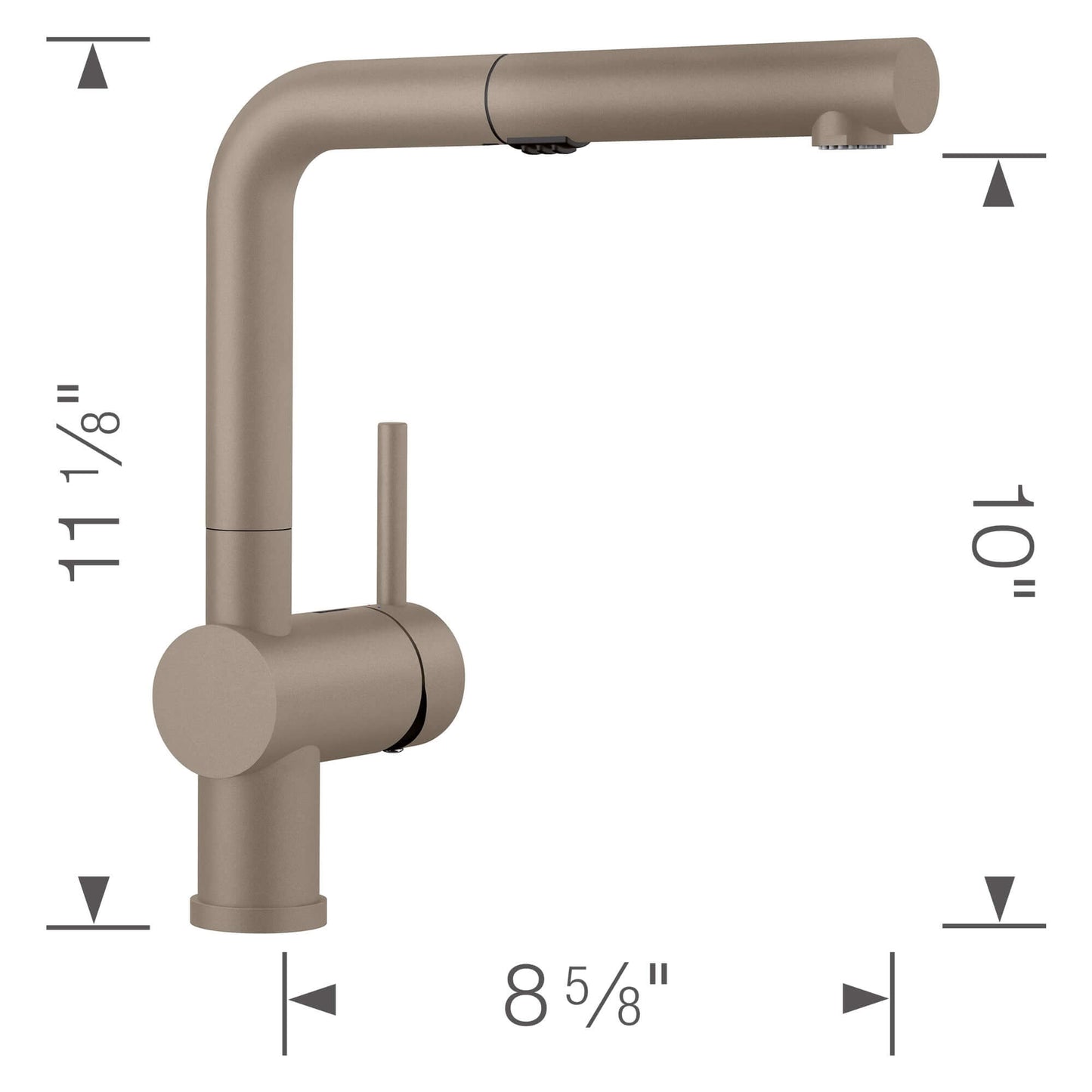 BLANCO Linus Low Arc Pull-Out Dual-Spray Kitchen Faucet -Truffle dimensions with low-profile design and angle.