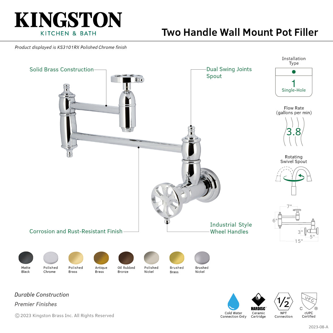 Kingston Brass KS3103RX Belknap Wall Mount Pot Filler Faucet, Antique Brass image with dual swing joints and industrial style wheel handles.