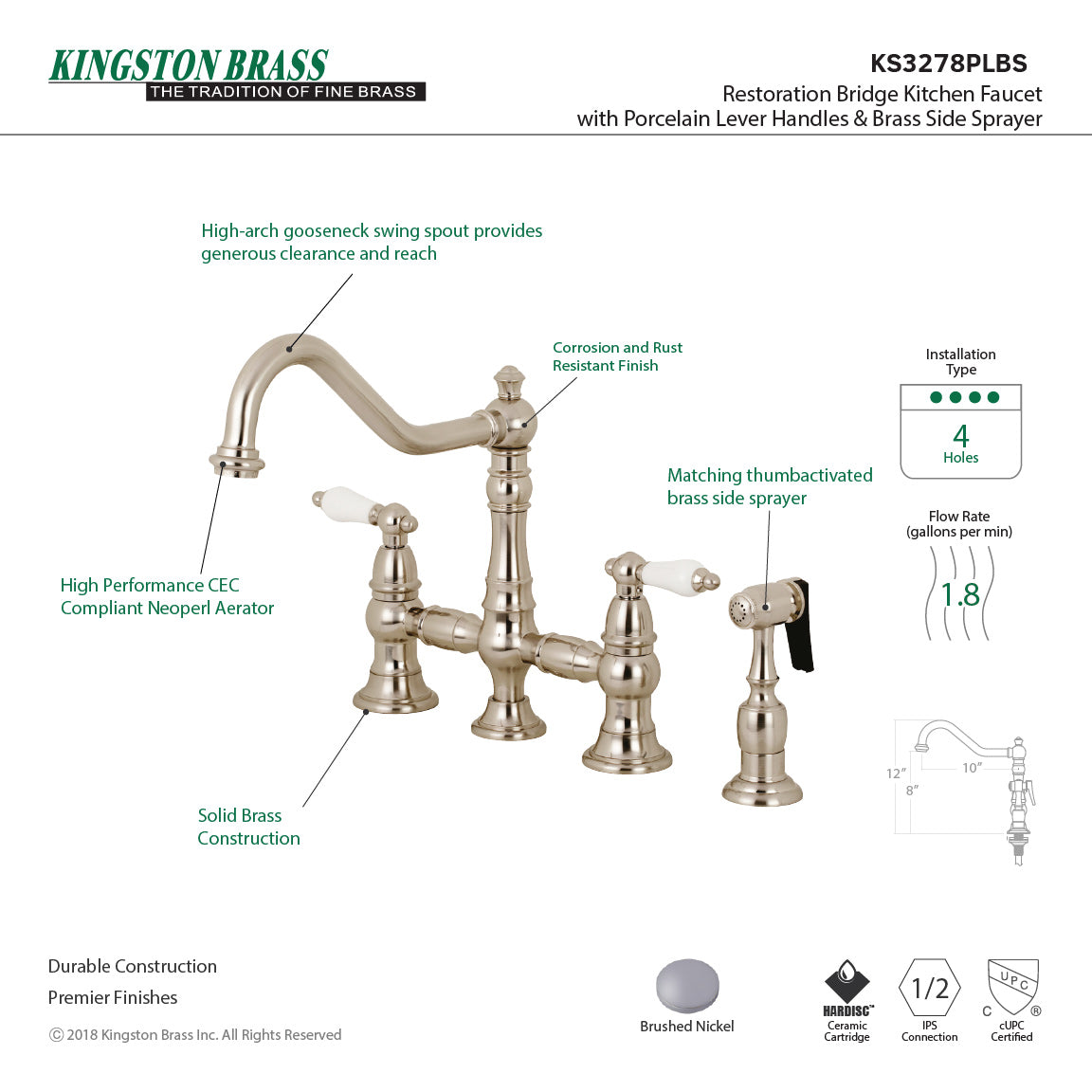 Kingston KS3277PLBS Restoration Bridge Kitchen Faucet with Brass Sprayer, Brushed Brass and side sprayer features.