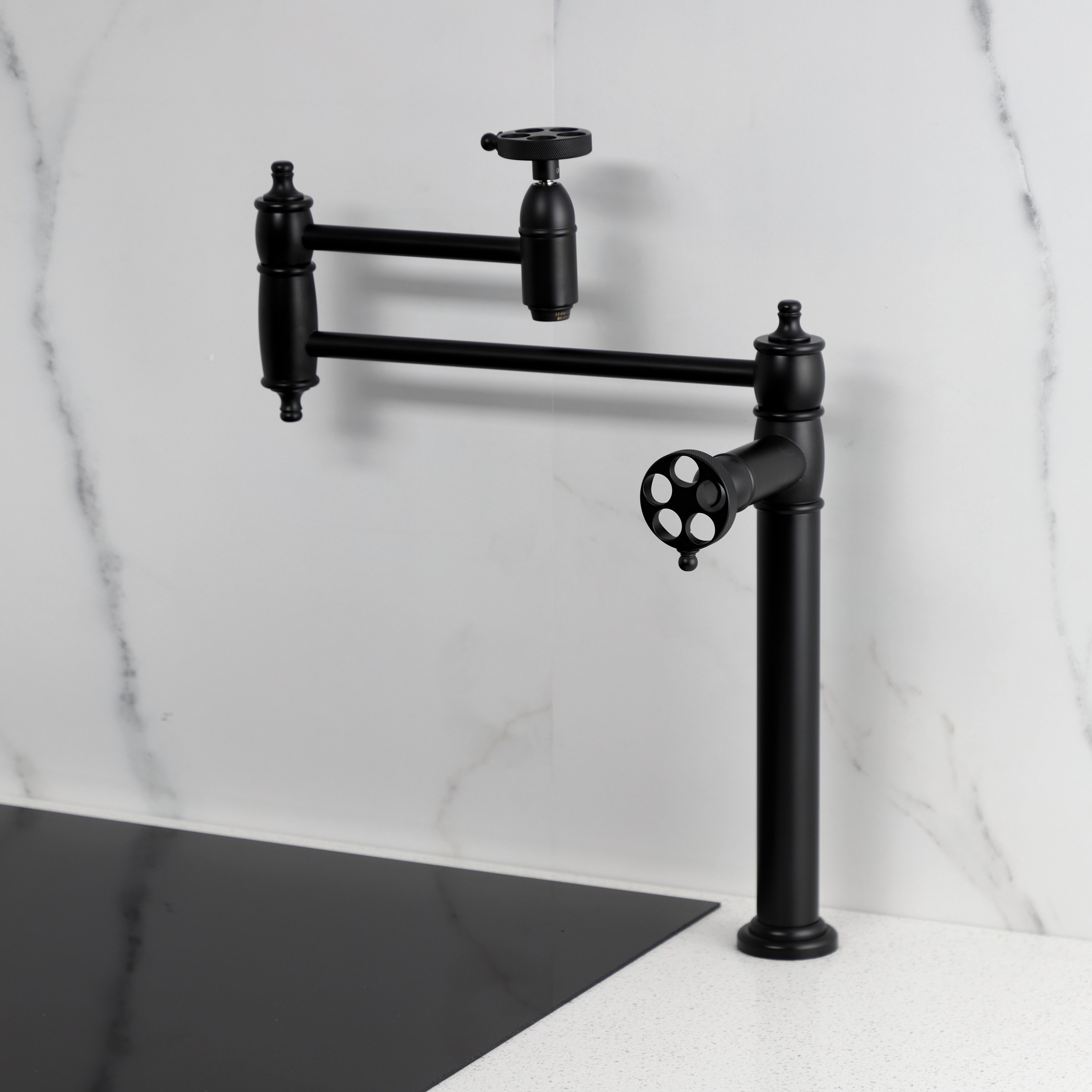 Kingston Brass KS3703RKZ Wendell Deck Mount Pot Filler Faucet with Knurled Handle, Antique Brass in black finish