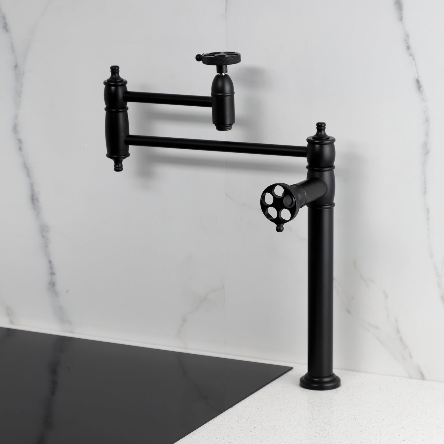 Kingston Brass KS3703RKZ Wendell Deck Mount Pot Filler Faucet with Knurled Handle, Antique Brass in black finish