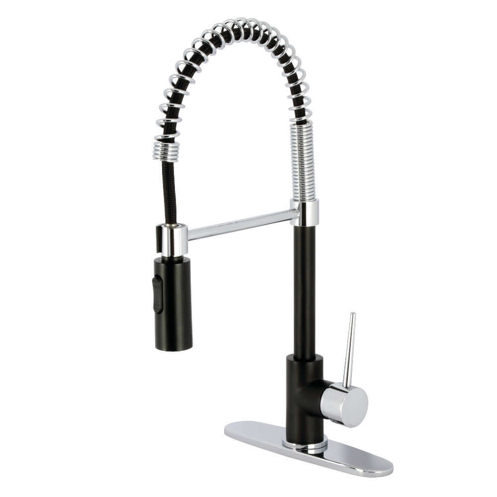 Kingston Brass LS8778NYL New York Pre-Rinse Kitchen Faucet in a left side view with a retractable spray head and matte black finish.