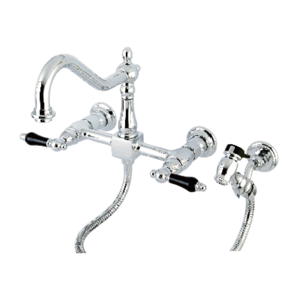 Kingston KS1243PKLBS Duchess Two-Handle Wall Mount Bridge Kitchen Faucet with Brass Sprayer, Antique Brass