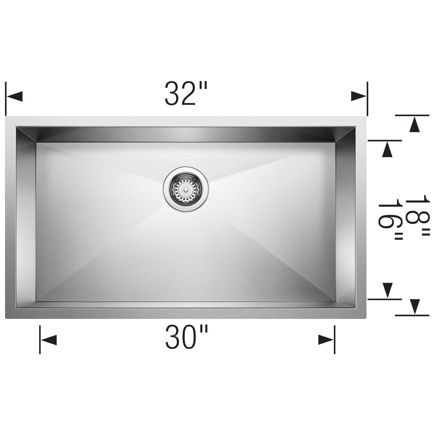 BLANCO Quatrus R0 32" Single Bowl Undermount Stainless Steel Kitchen Sink dimensions and top view.
