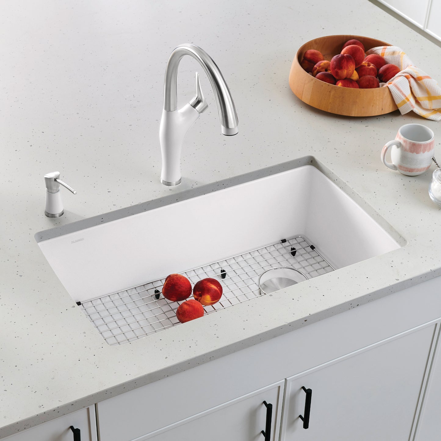 BLANCO Diamond SILGRANIT 33.5" Super Single Dual Mount Kitchen Sink with apples on a grid and modern faucet
