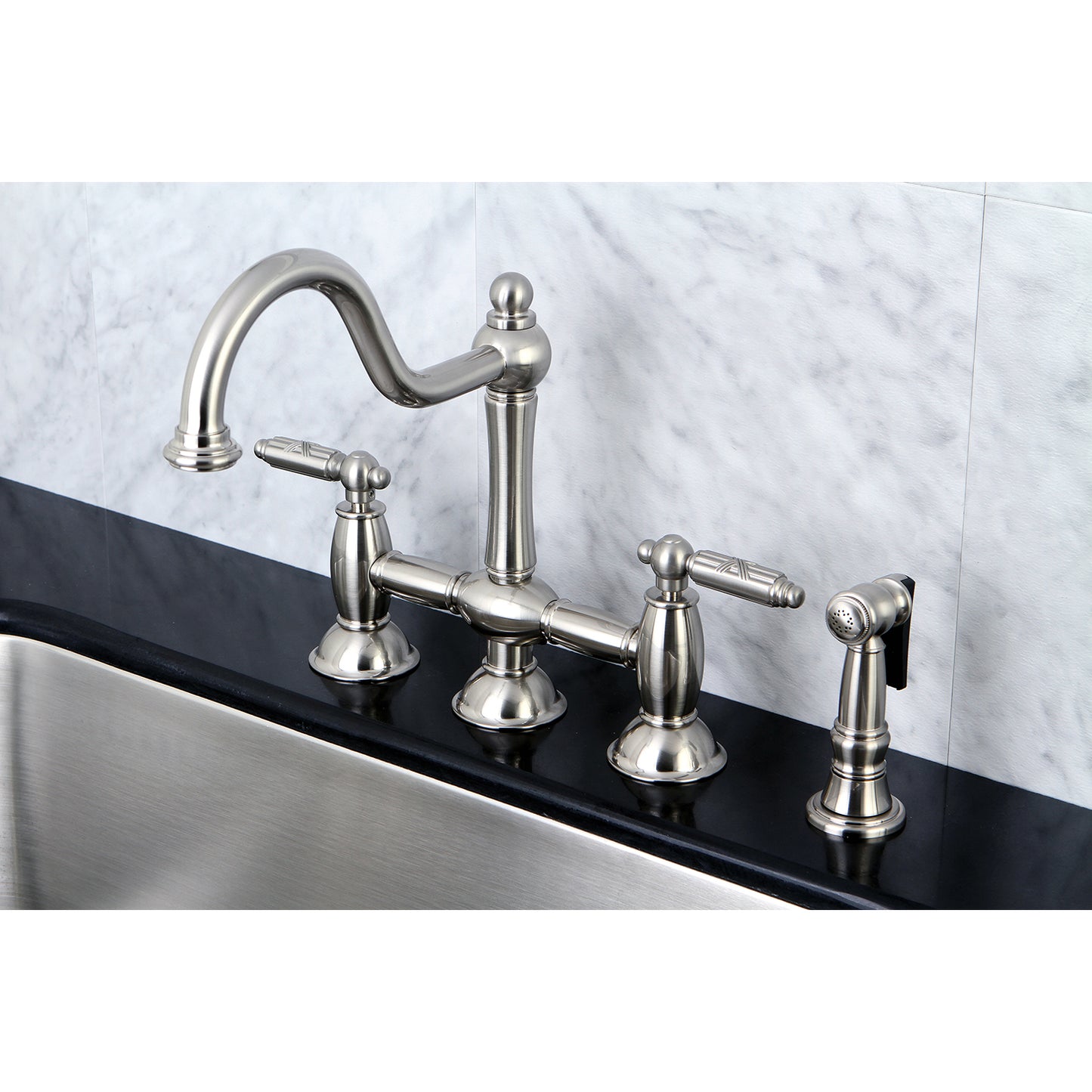 Kingston KS3798GLBS Restoration Bridge Kitchen Faucet with Brass Sprayer, Brushed Nickel on a stylish kitchen sink.