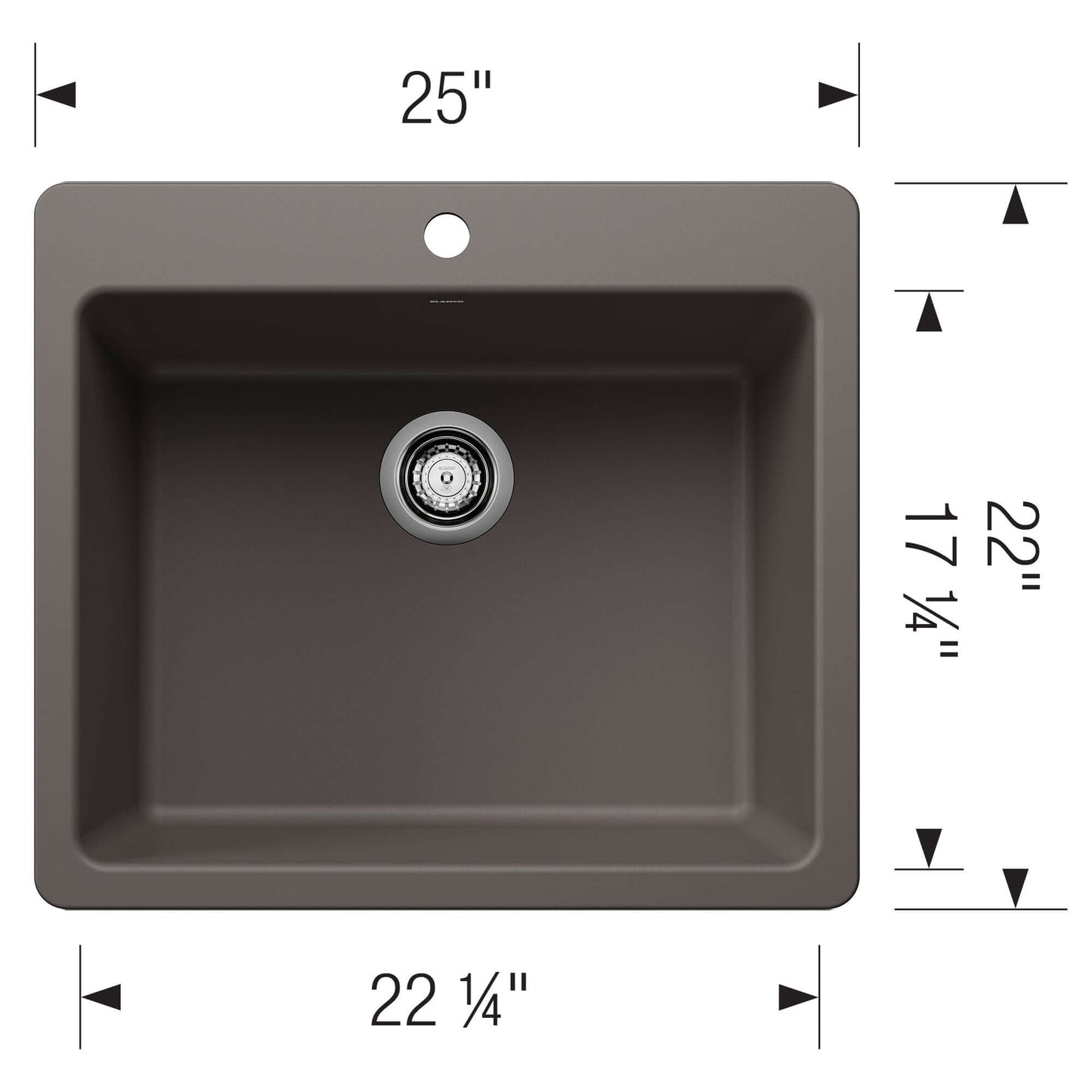 BLANCO Liven SILGRANIT 25" Single Bowl Dual Mount Kitchen Sink dimensions 25" x 22 1/4" x 22" with drain.