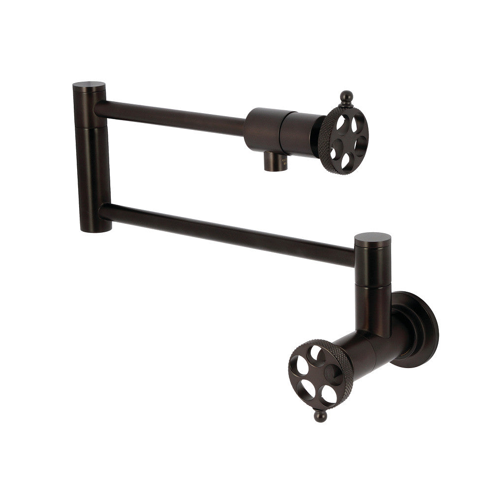Kingston Brass KS4103RKX Webb Wall Mount Pot Filler Faucet with Knurled Handle, Antique Brass close-up view
