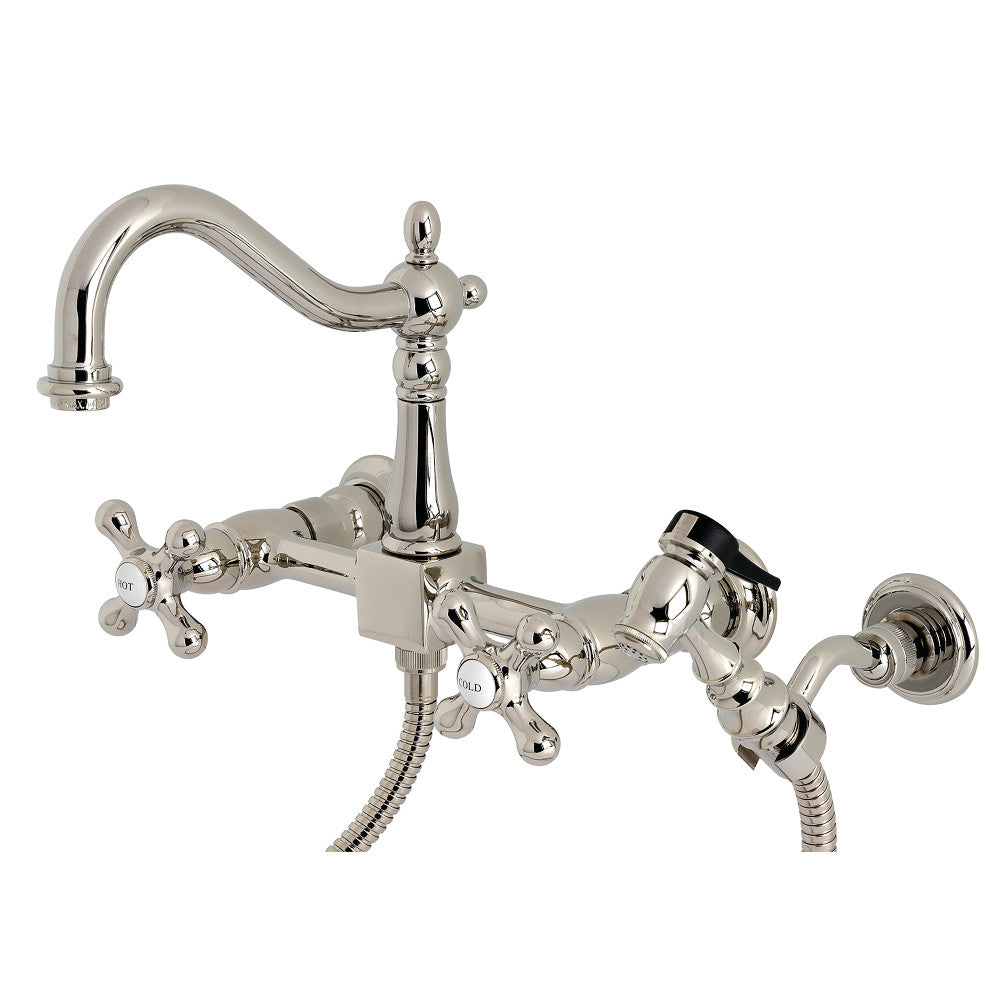 Kingston KS1263AXBS Heritage Two-Handle Wall Mount Bridge Kitchen Faucet with Brass Sprayer, Antique Brass