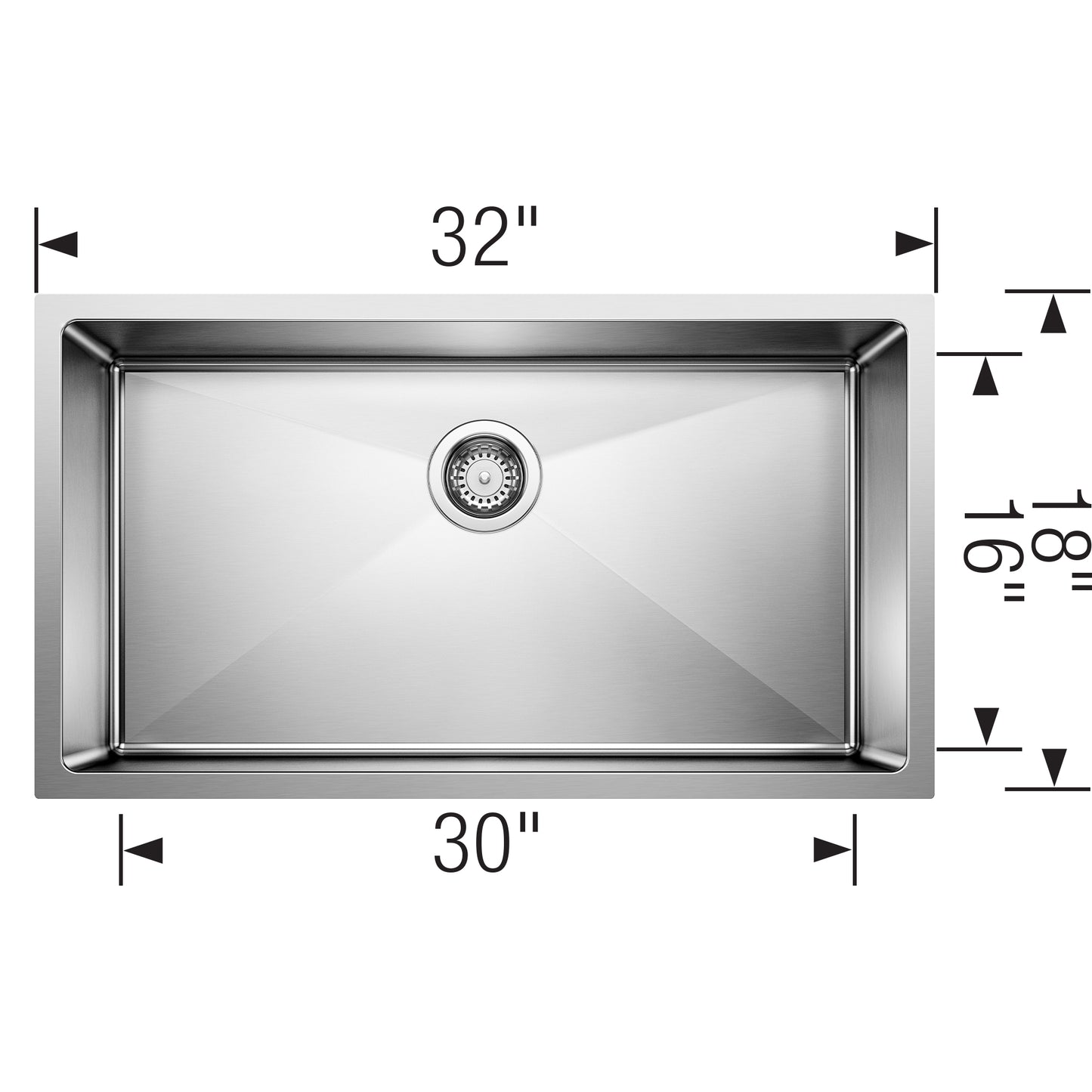 BLANCO Quatrus R15 32" Super Single Bowl Undermount Stainless Steel Kitchen Sink dimensions with drainage.