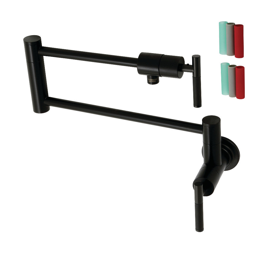 Kingston Brass KS4103CKL Kaiser Wall Mount Pot Filler Faucet, Antique Brass with black silicone rubber handles.