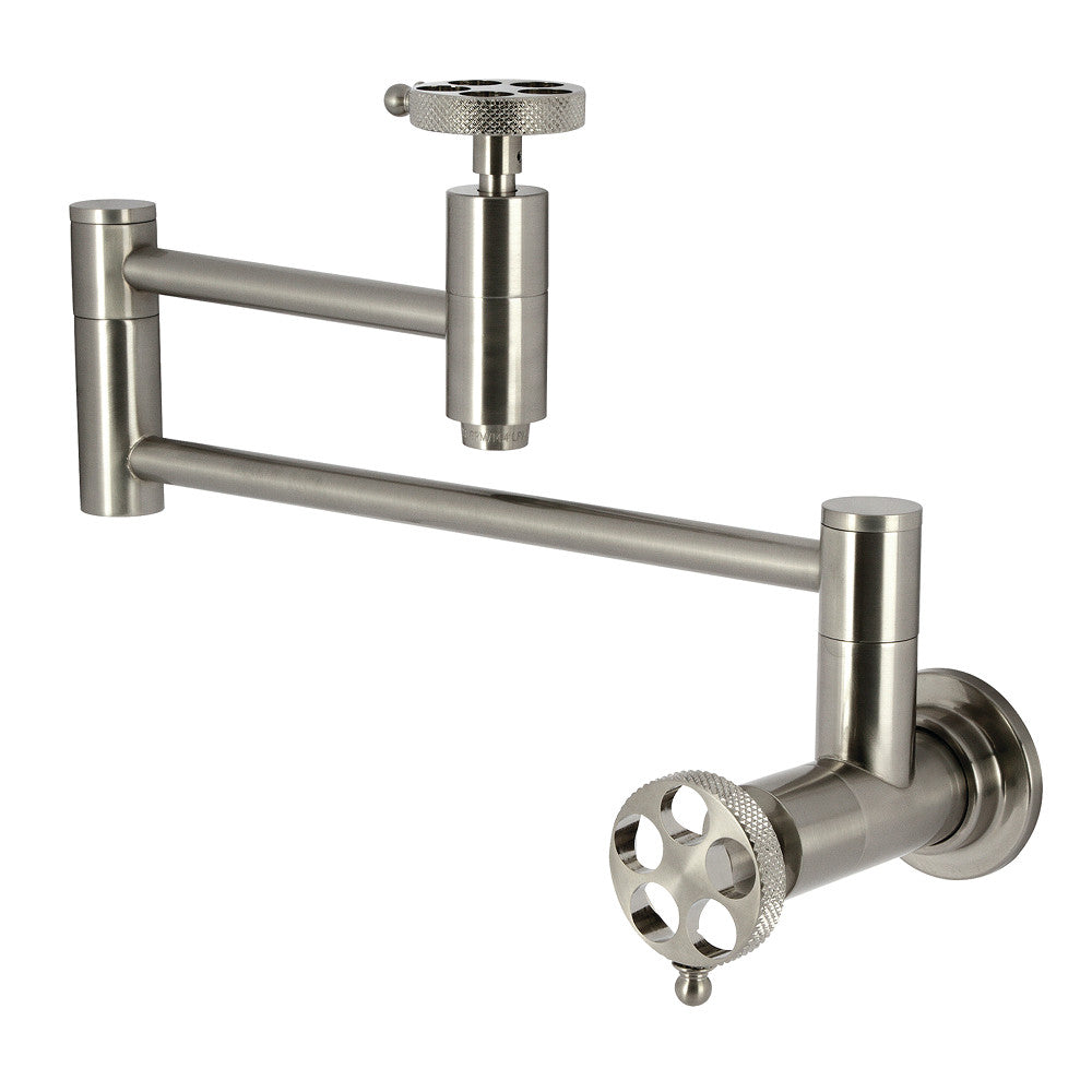Kingston Brass KS8103RKX Webb Wall Mount Pot Filler Faucet with Knurled Handle, Antique Brass design, brushed nickel finish with swing arms.