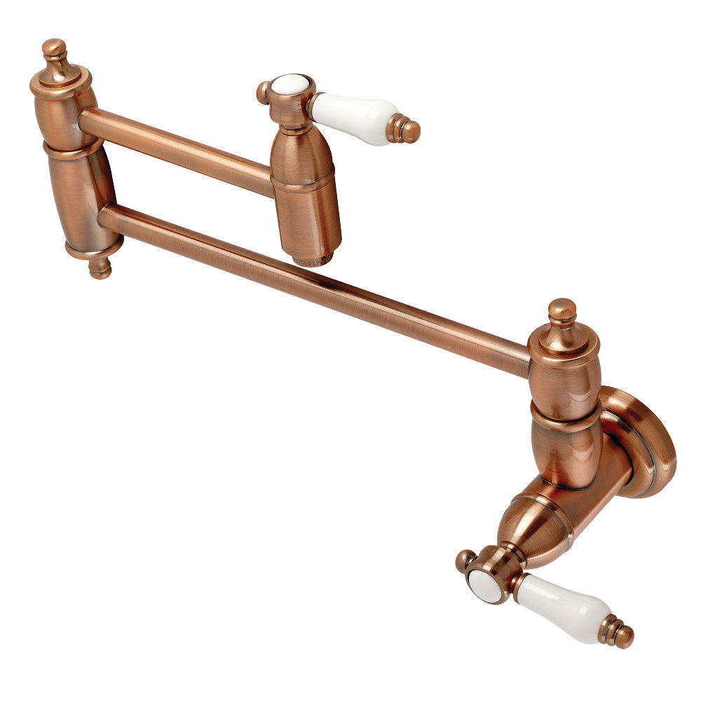 Kingston Brass KS3103BPL Bel-Air Wall Mount Pot Filler Faucet, Antique Brass with white porcelain levers and foldable swing arms.