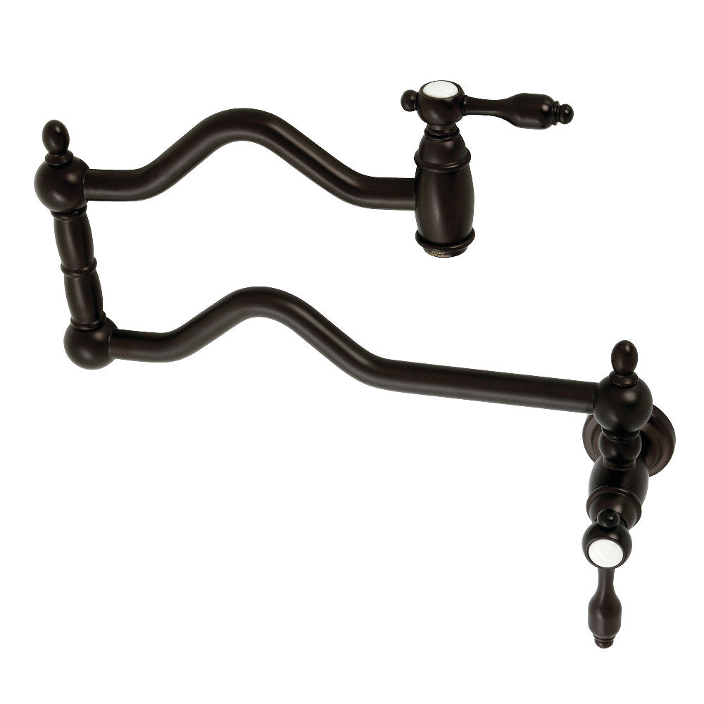 Kingston Brass KS2107TAL Tudor Wall Mount Pot Filler Faucet, Brushed Brass in Oil Rubbed Bronze finish.