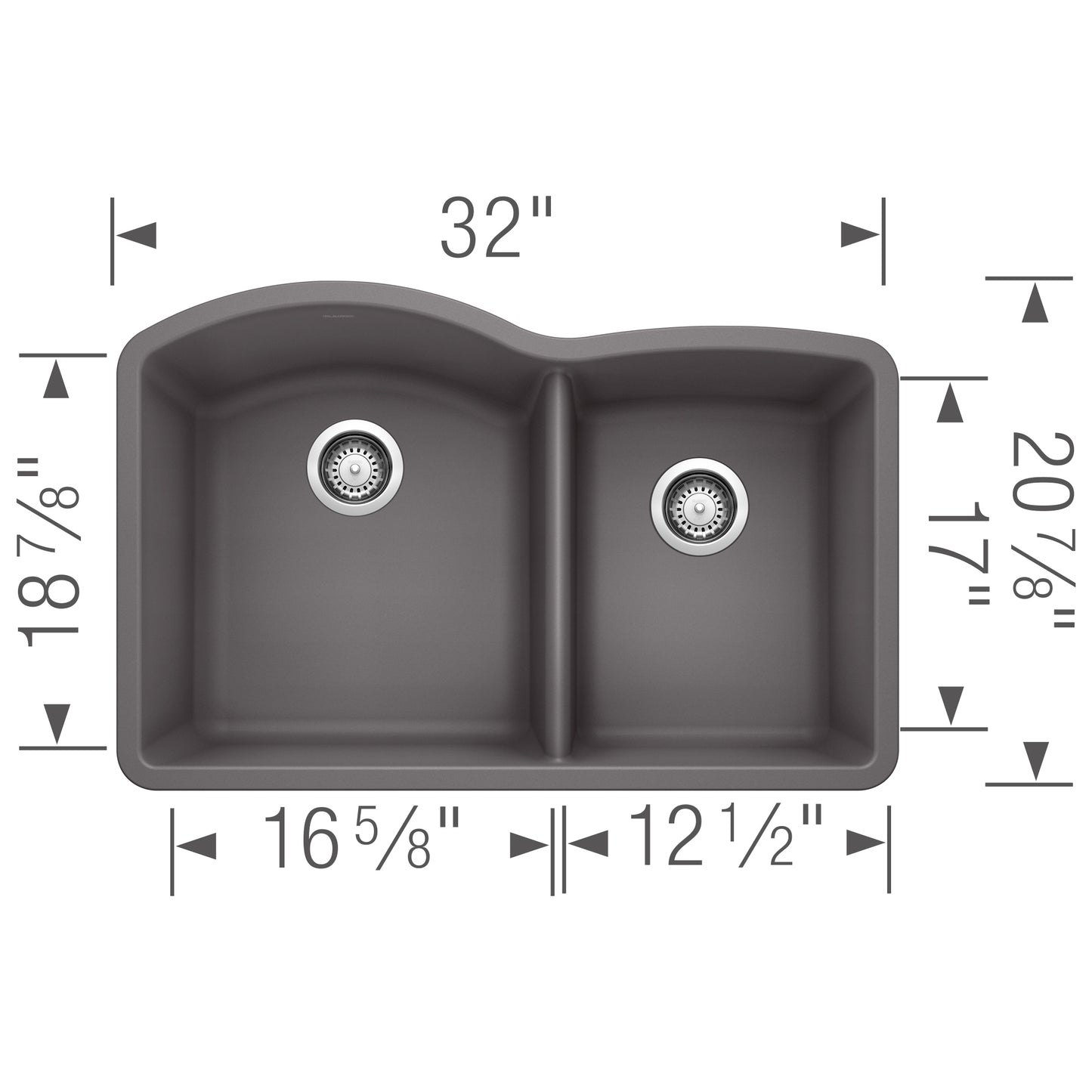 BLANCO Diamond SILGRANIT 32" 60/40 Double Bowl Undermount Kitchen Sink with measurements and design features.