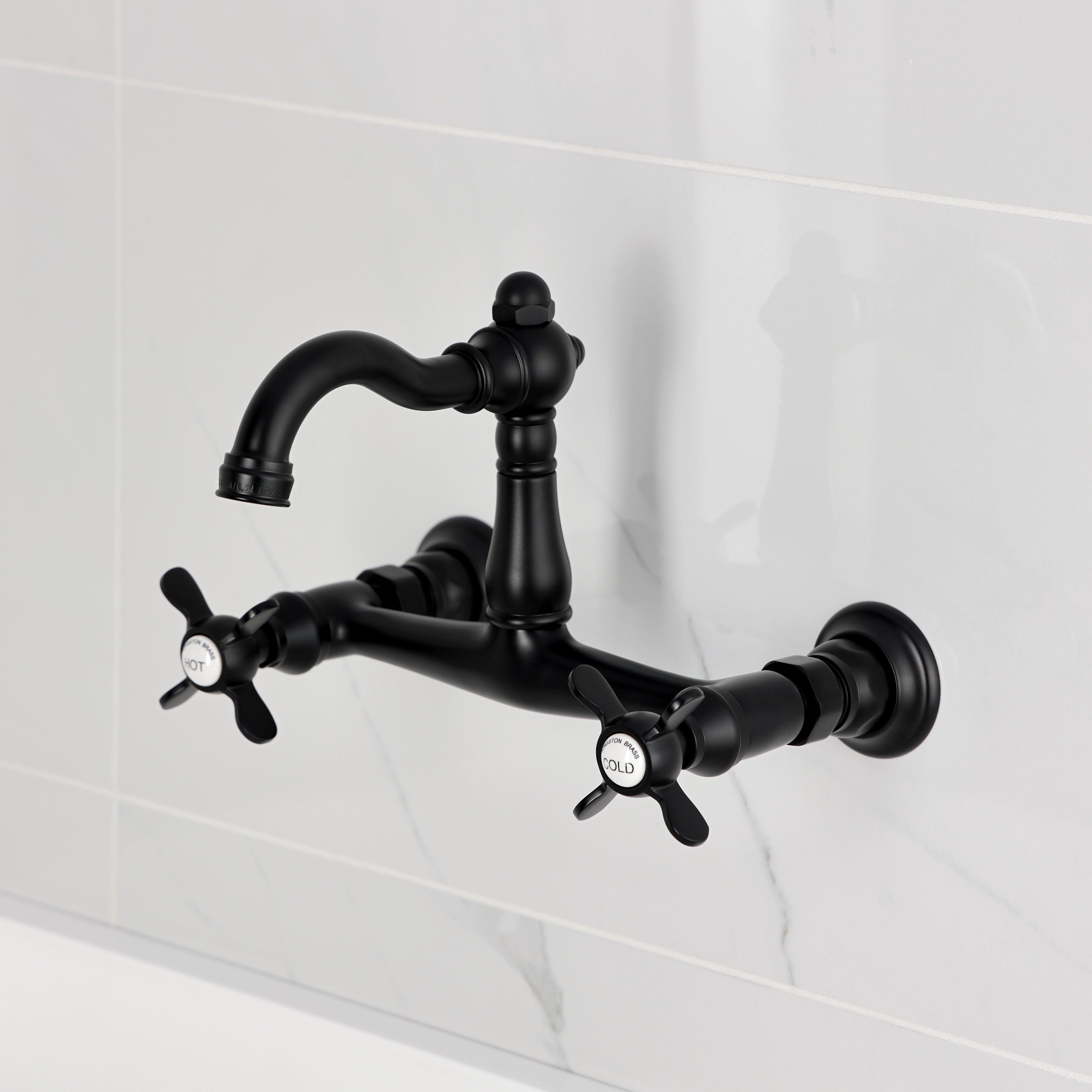 Kingston KS3253BEX Essex Two-Handle Wall Mount Bridge Kitchen Faucet, Antique Brass in a classic design