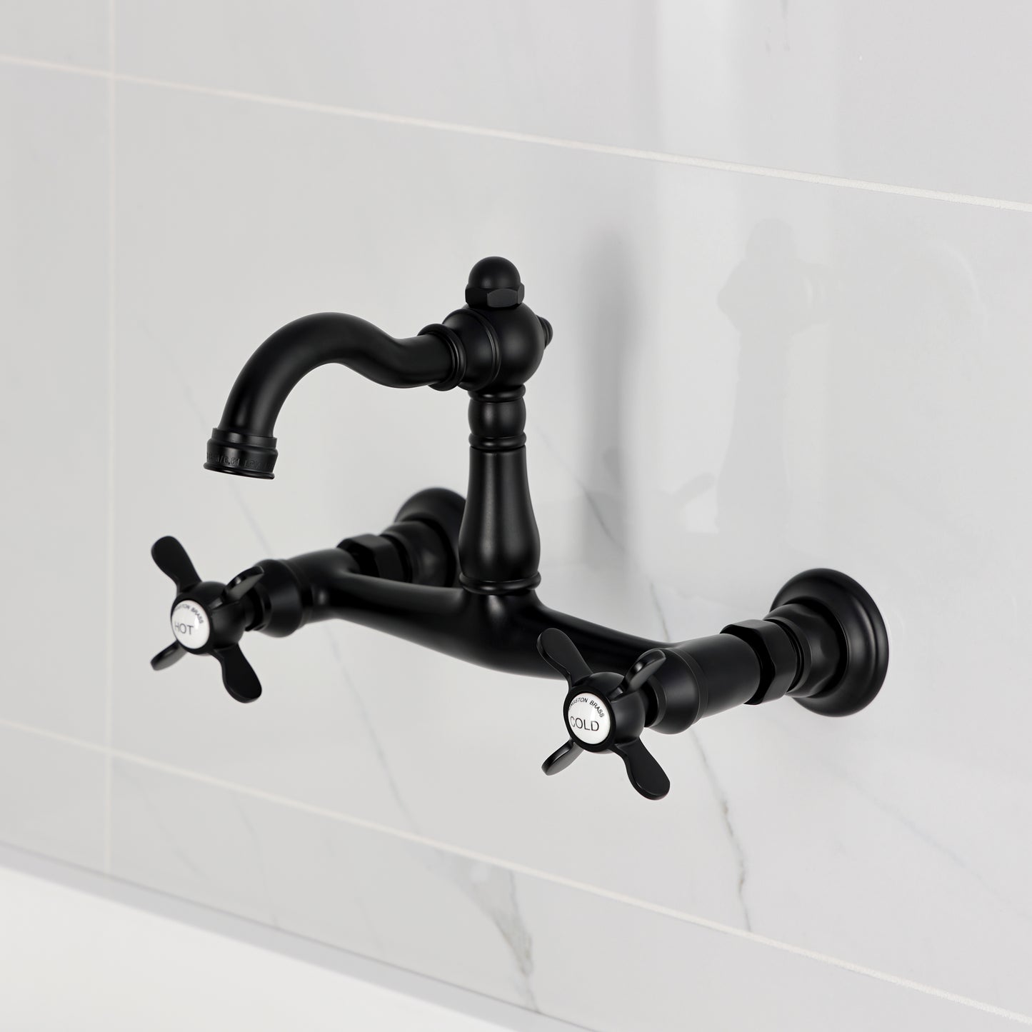 Kingston KS3253BEX Essex Two-Handle Wall Mount Bridge Kitchen Faucet, Antique Brass in a classic design