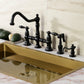 Kingston KS3277ALBS Restoration Bridge Kitchen Faucet with Brass Sprayer, Brushed Brass design in a modern kitchen sink.