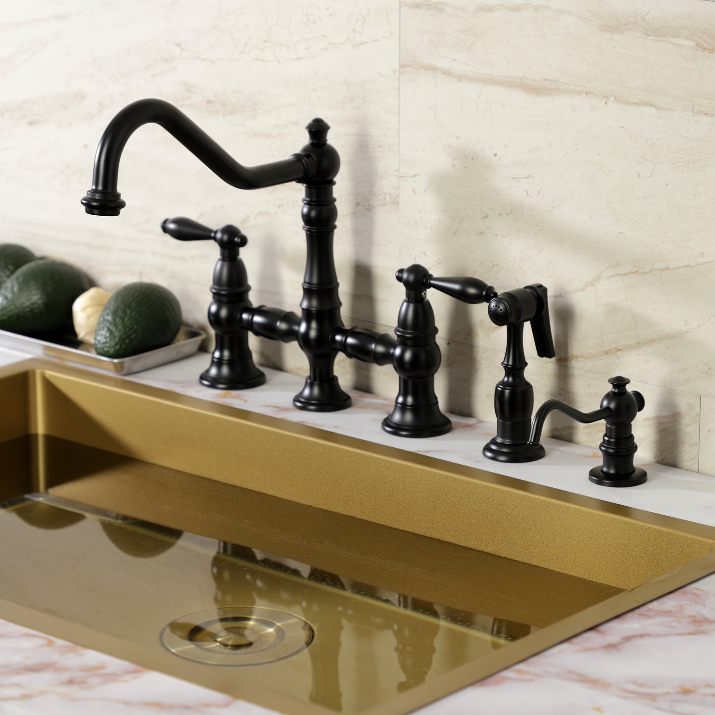 Kingston KS3277ALBS Restoration Bridge Kitchen Faucet with Brass Sprayer, Brushed Brass design in a modern kitchen sink.