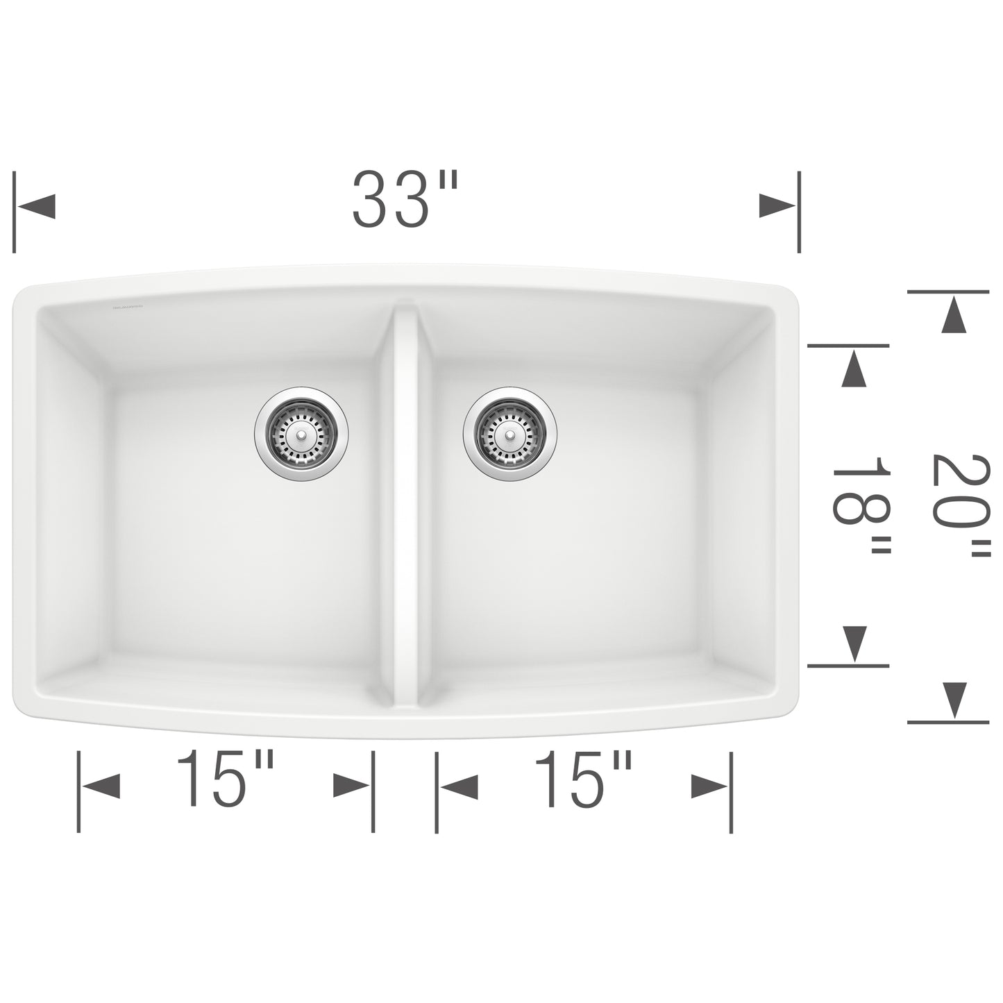 BLANCO Performa SILGRANIT 33" 50/50 Double Bowl Undermount Kitchen Sink with dimensions and equal basins.