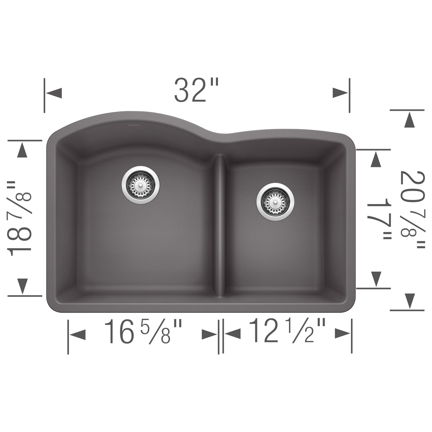 BLANCO Diamond SILGRANIT 32" 60/40 Double Bowl Undermount Kitchen Sink with Low Divide dimensions and design view