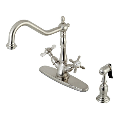Kingston KS1238BEXBS Essex Two-Handle Kitchen Faucet with Brass Sprayer, Brushed Nickel on display