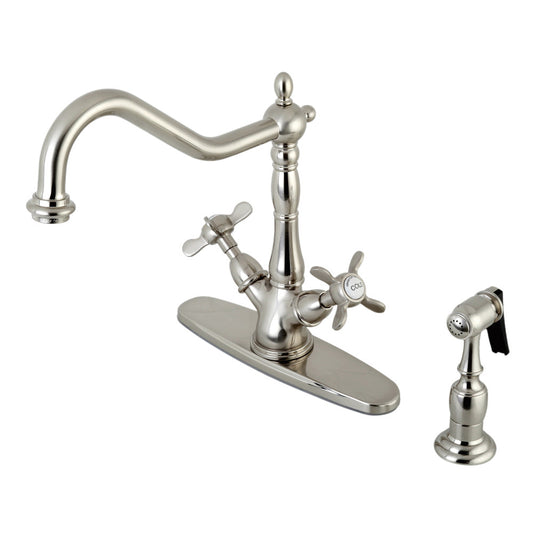 Kingston KS1238BEXBS Essex Two-Handle Kitchen Faucet with Brass Sprayer, Brushed Nickel on display