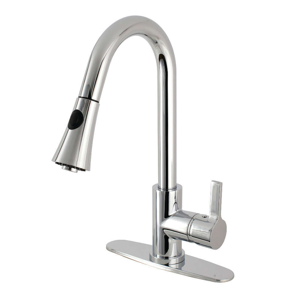 Kingston Brass LS8723CTL Continental Pull-Down Kitchen Faucet with curved spout and single handle, side view.