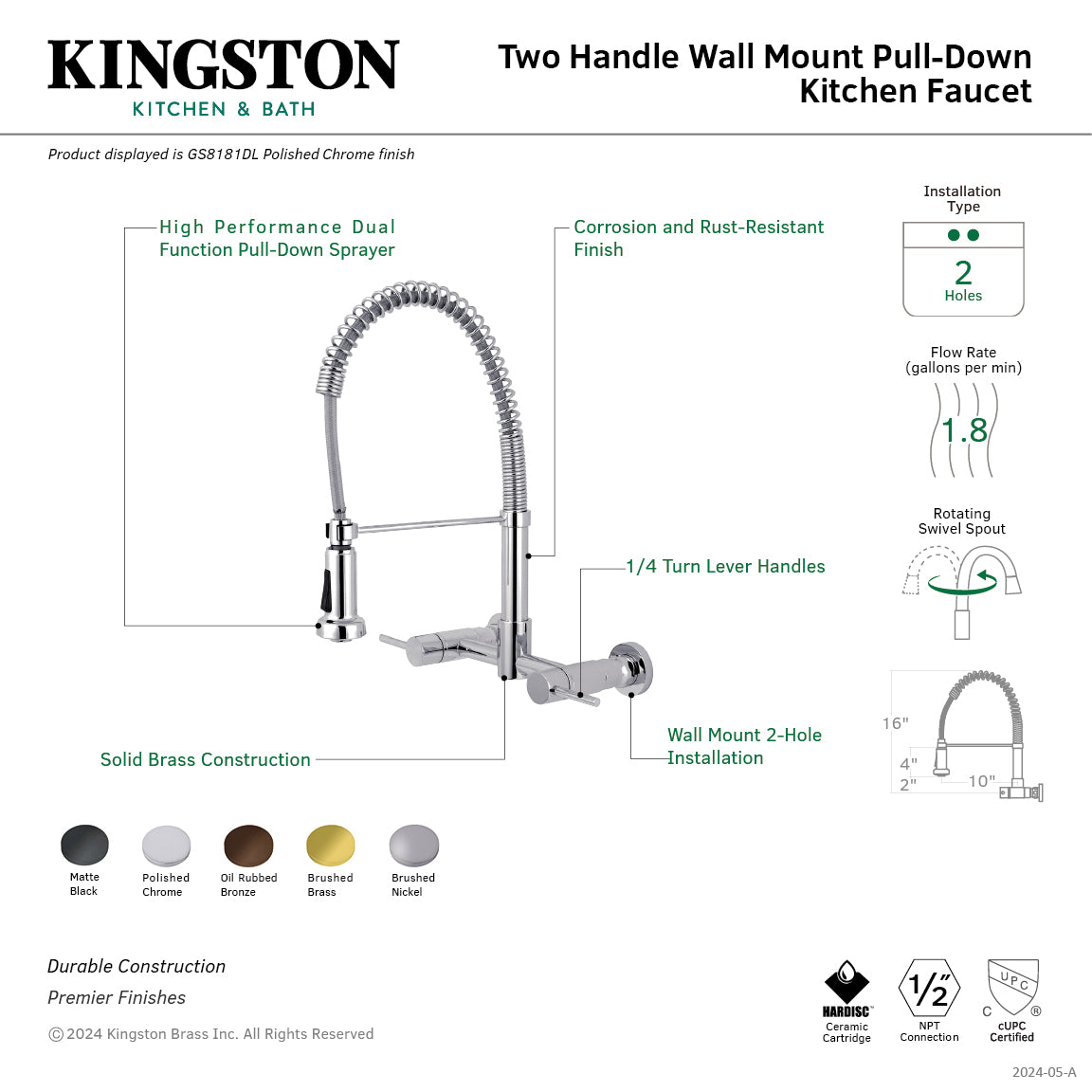 Gourmetier GS8187DL Concord Double-Handle Wall-Mount Pre-Rinse Bridge Kitchen Faucet, Brushed Brass in Polished Chrome finish.