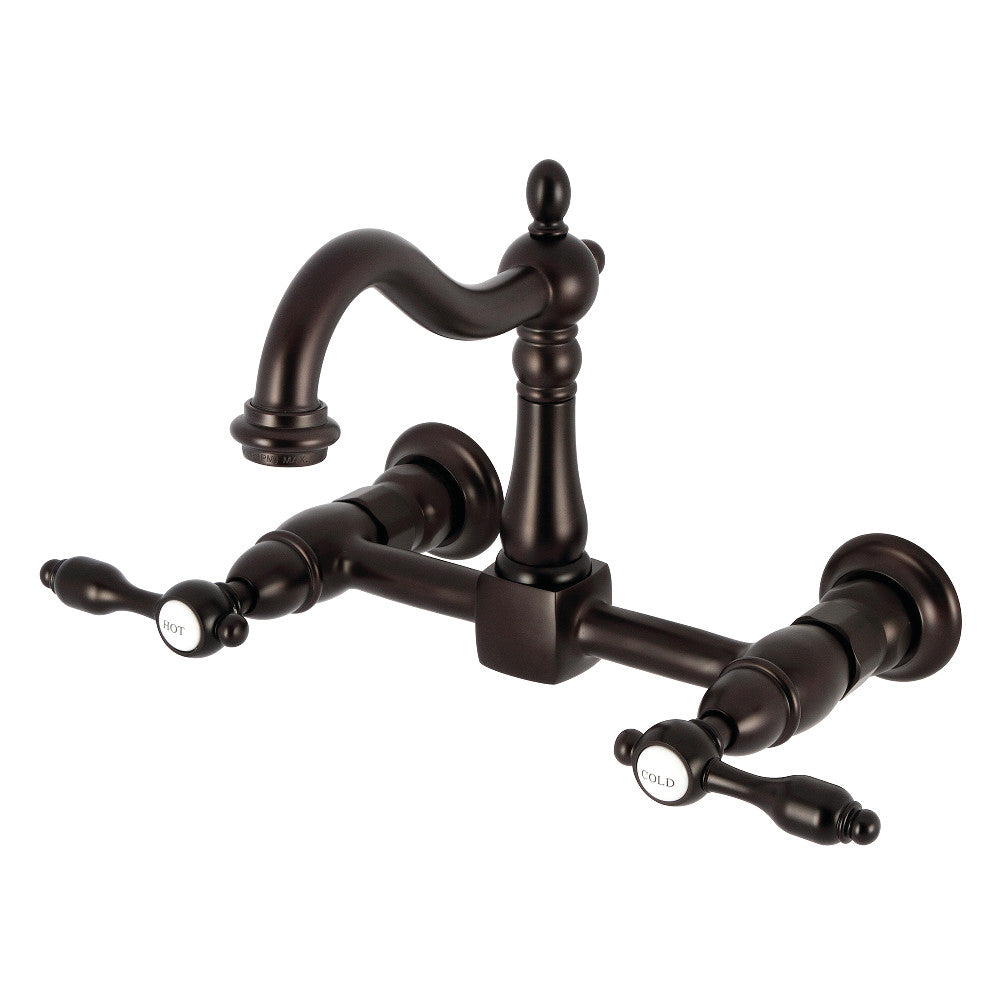 Kingston KS1263TAL Tudor Two-Handle Wall Mount Bridge Kitchen Faucet, Antique Brass with oil rubbed bronze finish.