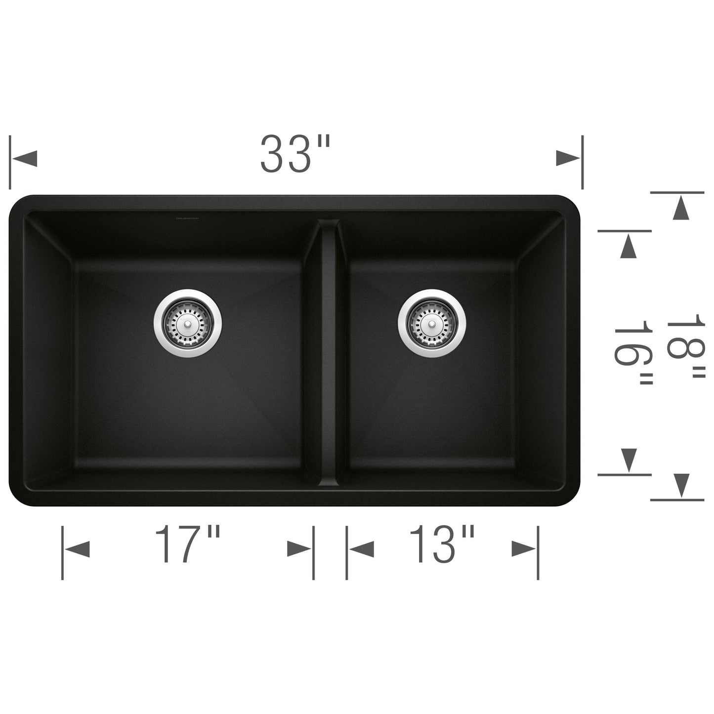 BLANCO Precis SILGRANIT 33" 60/40 Double Bowl Undermount Kitchen Sink top view with dimensions