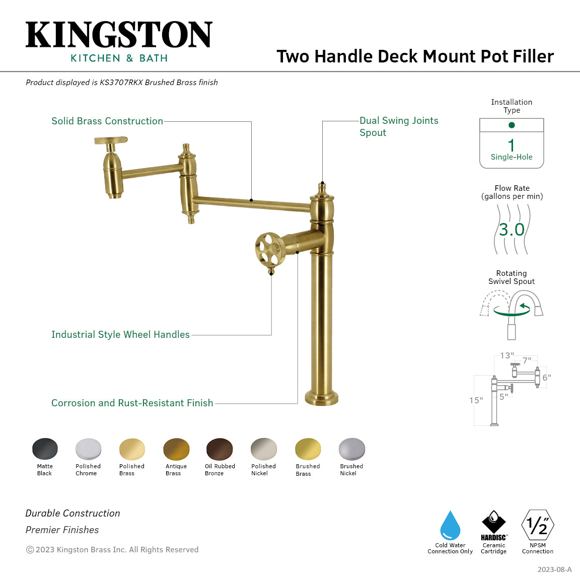 Kingston Brass KS3703RKX Webb Deck Mount Pot Filler Faucet with Knurled Handle, Antique Brass design and features diagram