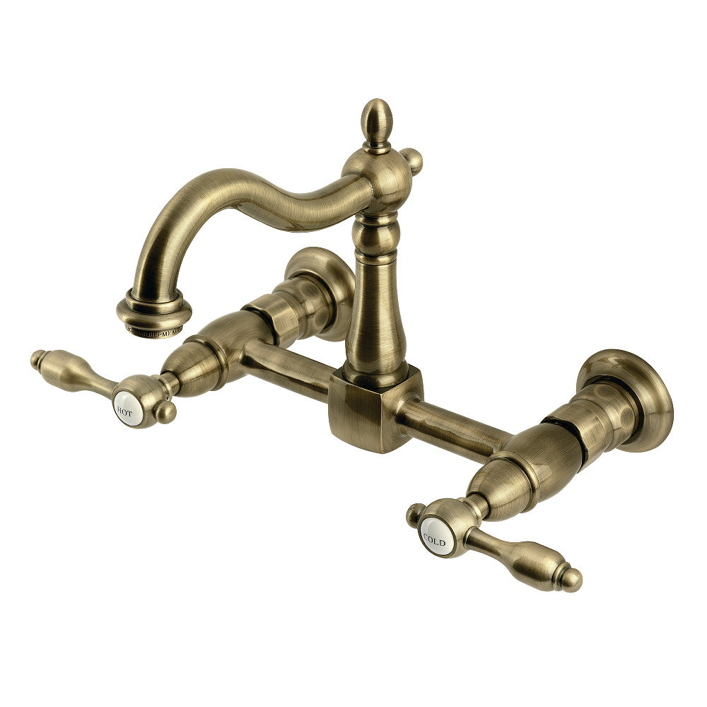 Kingston KS1263TAL Tudor Two-Handle Wall Mount Bridge Kitchen Faucet, Antique Brass with vintage design.