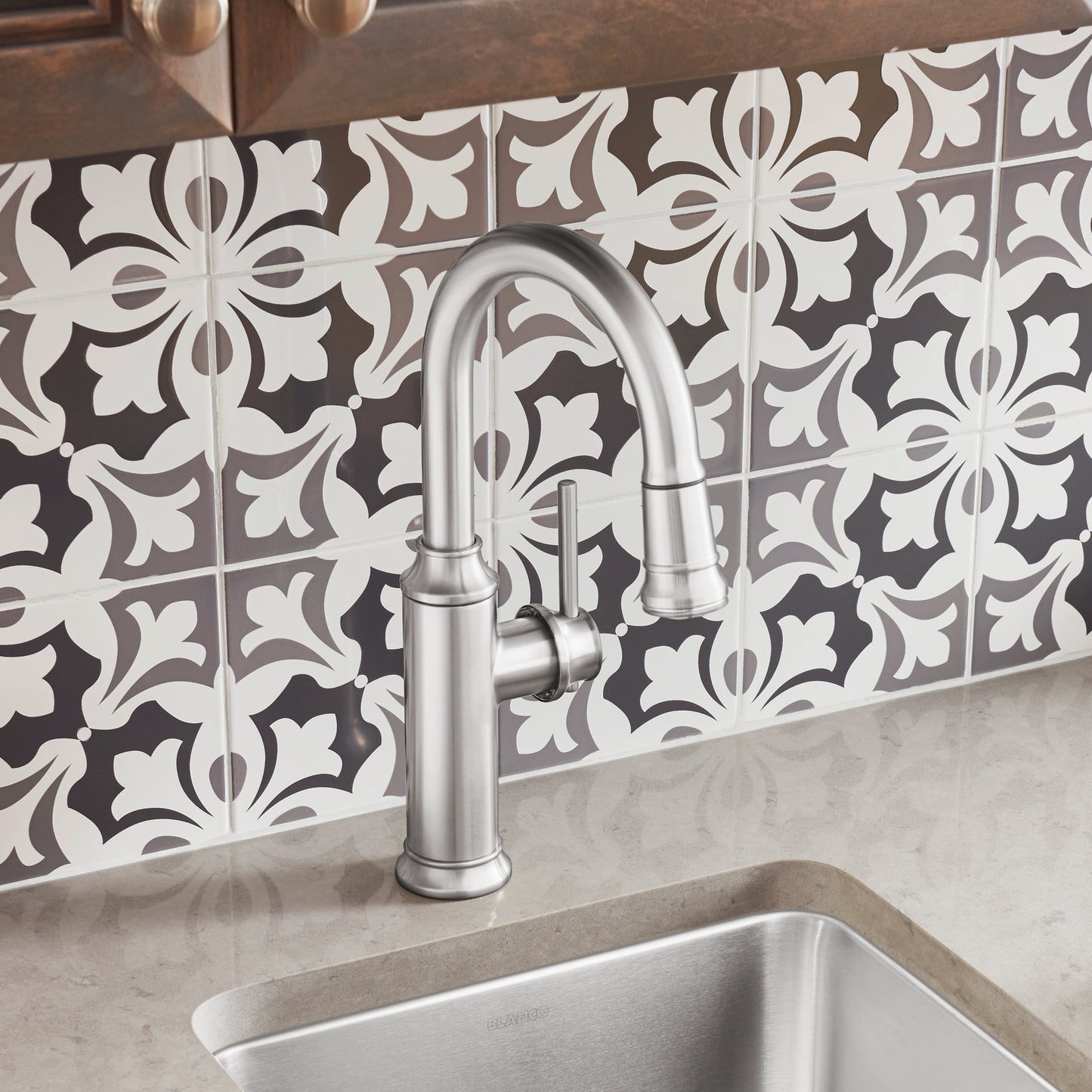 BLANCO Empressa Pull-Down Bar Faucet with vintage wine press design in a stylish kitchen setting.