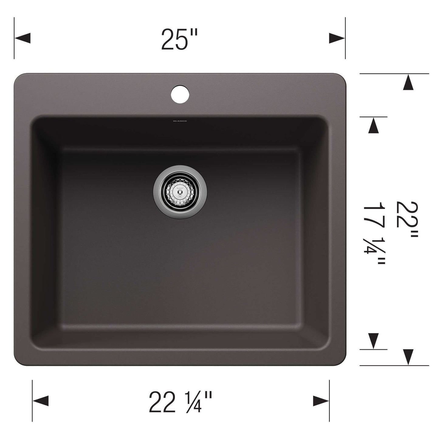 BLANCO Liven SILGRANIT 25" Single Bowl Dual Mount Kitchen Sink with dimensions 25" x 22" x 22 1/4".