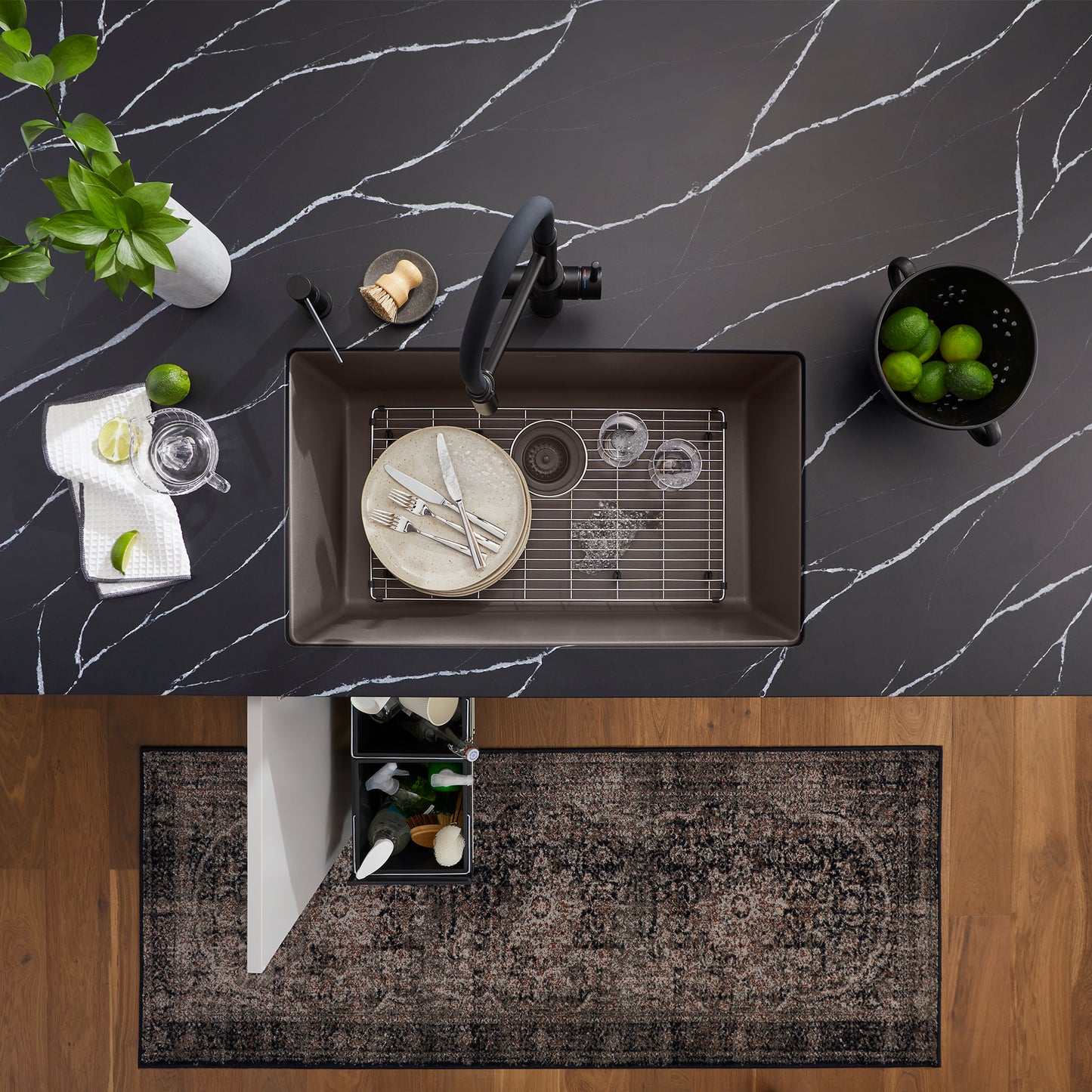 BLANCO Precis SILGRANIT 30" Single Bowl Undermount Kitchen Sink with accessories on a stylish dark countertop.
