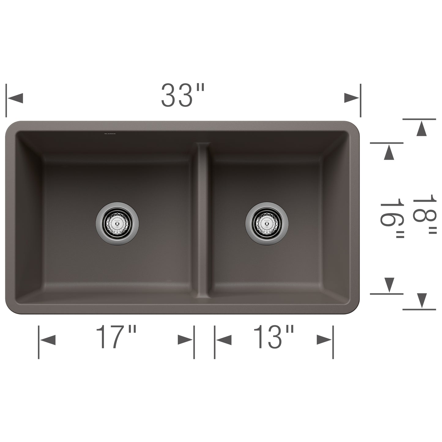 BLANCO Precis SILGRANIT 33" 60/40 Reversible Double Bowl Undermount Kitchen Sink with Low Divide dimensions and design.