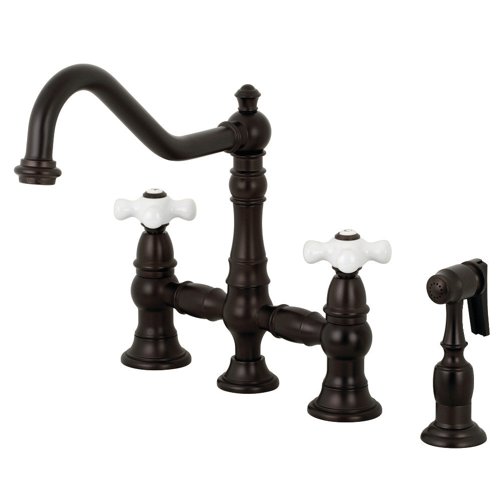 Kingston KS3277PXBS Restoration Bridge Kitchen Faucet with Brass Sprayer, Brushed Brass in oil rubbed bronze finish