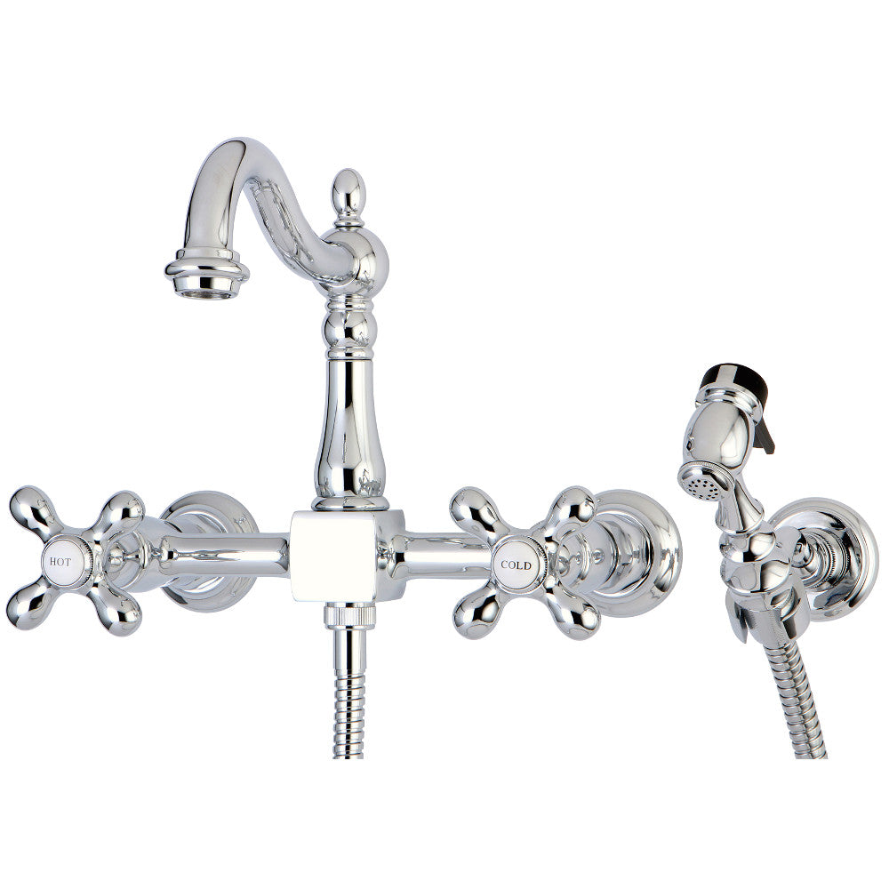 Kingston KS1263AXBS Heritage Two-Handle Wall Mount Bridge Kitchen Faucet with Brass Sprayer, Antique Brass