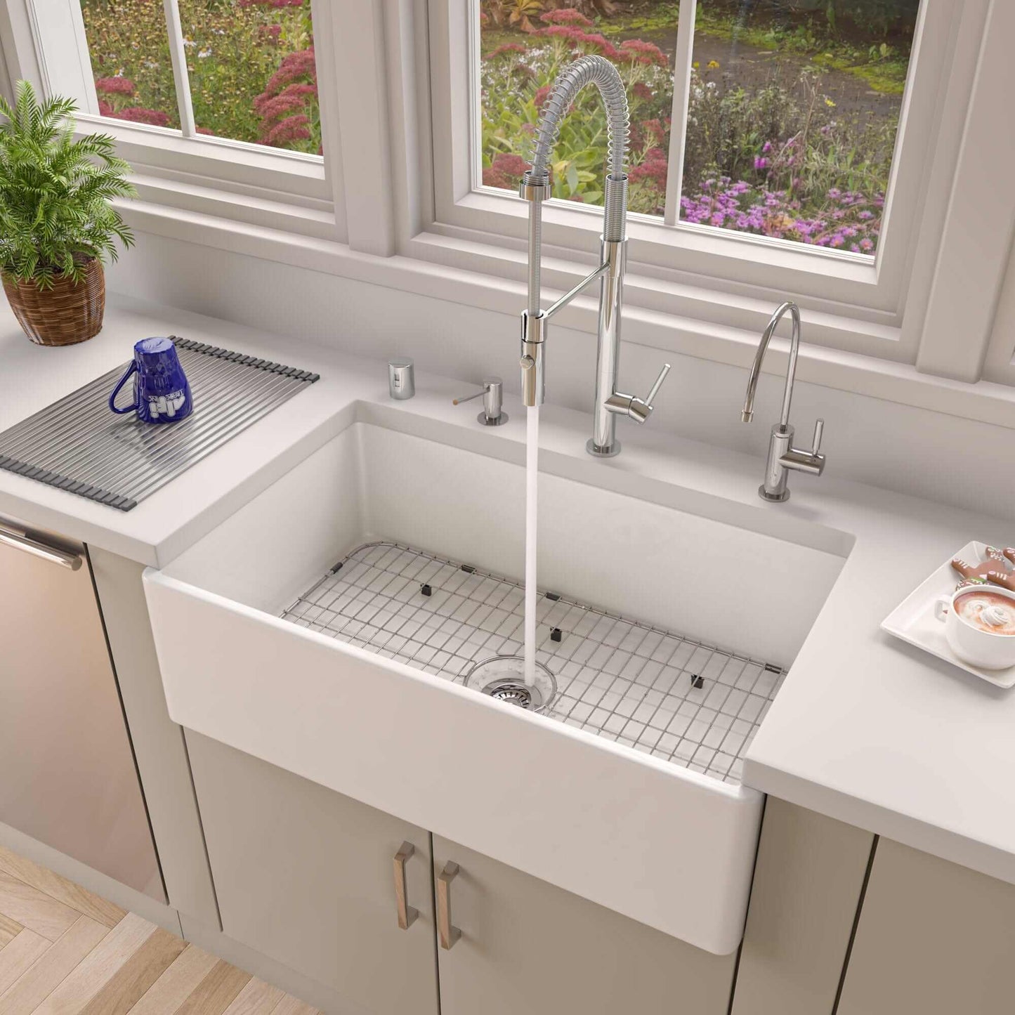 ALFI 33" White Smooth Apron Single Bowl Fireclay Farm Sink AB533-W in modern kitchen setting with faucet.