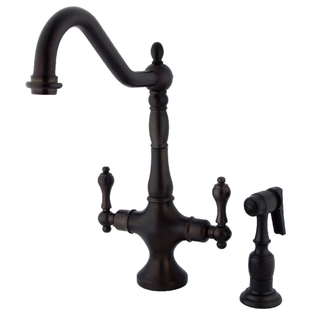 Kingston Brass KS1773ALBS Heritage Two-Handle Single-Hole Kitchen Faucet with Brass Sprayer, Antique Brass