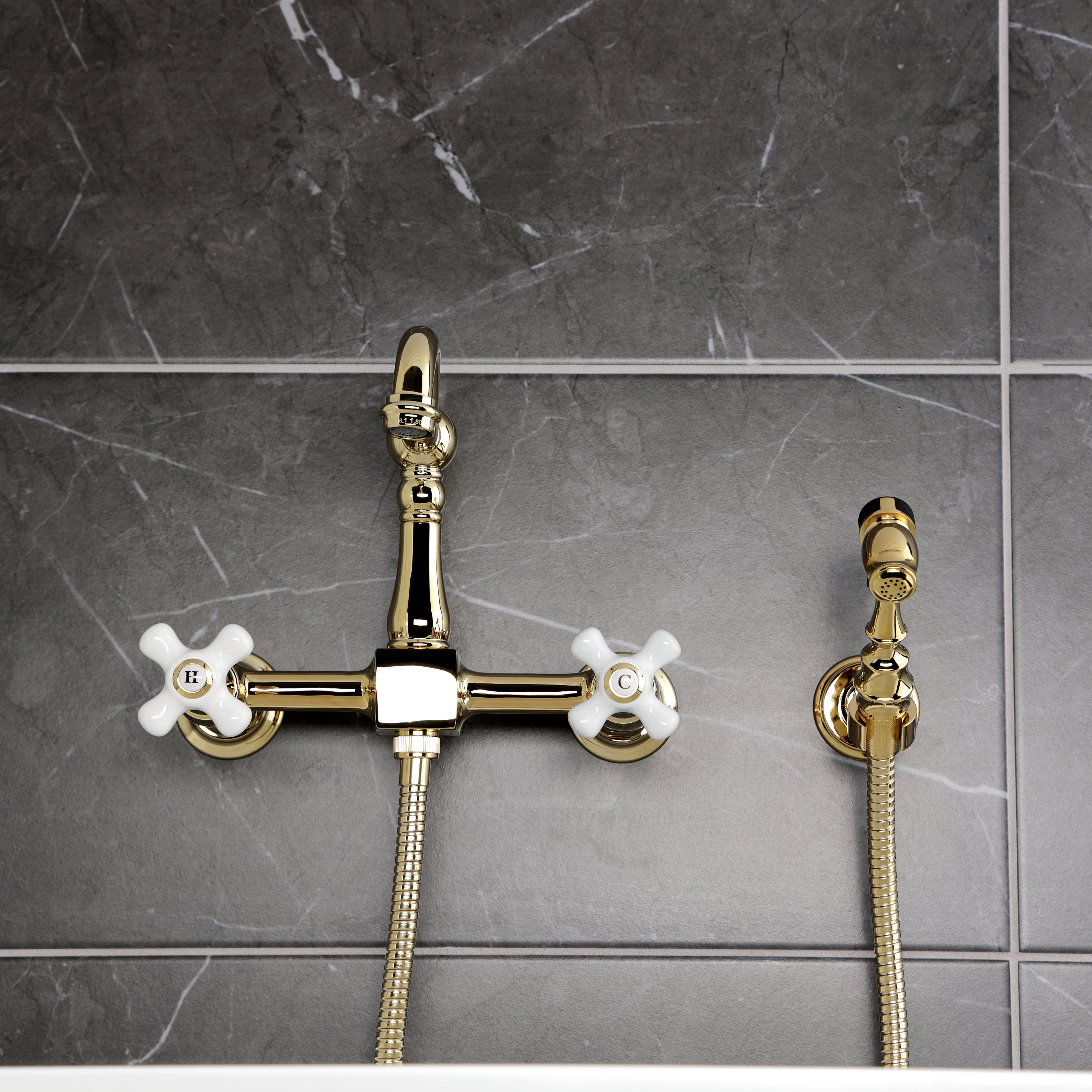 Kingston KS2443PXBS Heritage Two-Handle Wall Mount Bridge Kitchen Faucet with Brass Sprayer, Antique Brass