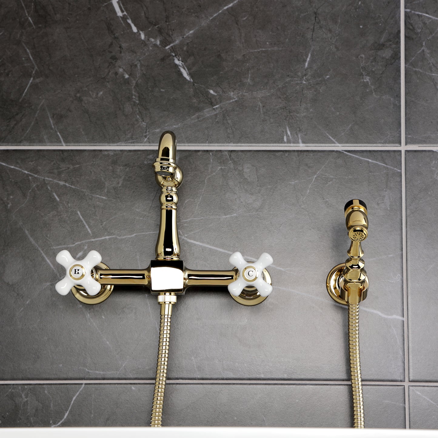 Kingston KS2443PXBS Heritage Two-Handle Wall Mount Bridge Kitchen Faucet with Brass Sprayer, Antique Brass
