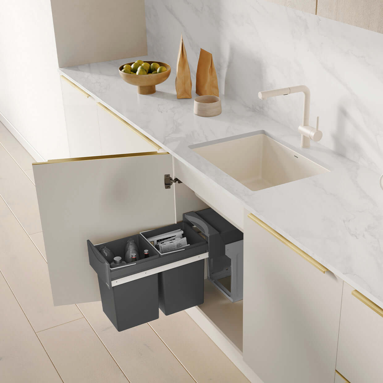 BLANCO PRECIS 24" SILGRANIT Compact Undermount Sink integrated with modern kitchen organization.