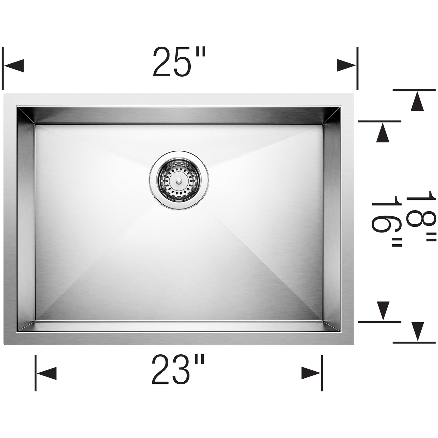 BLANCO Quatrus R0 25" Single Bowl Undermount ADA Stainless Steel Kitchen Sink with dimensions shown.