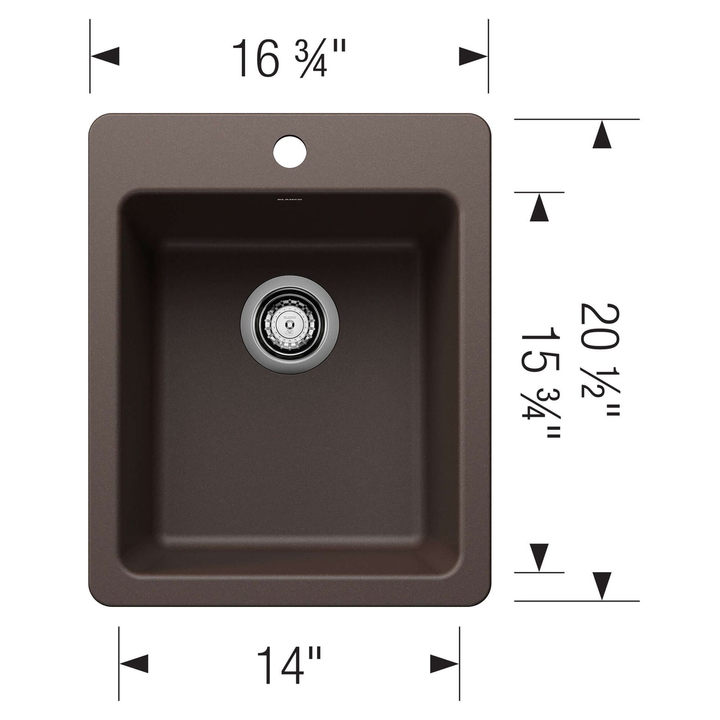 BLANCO Liven SILGRANIT 17" Dual Mount Bar Sink dimensions and design showing compact size for kitchen spaces.