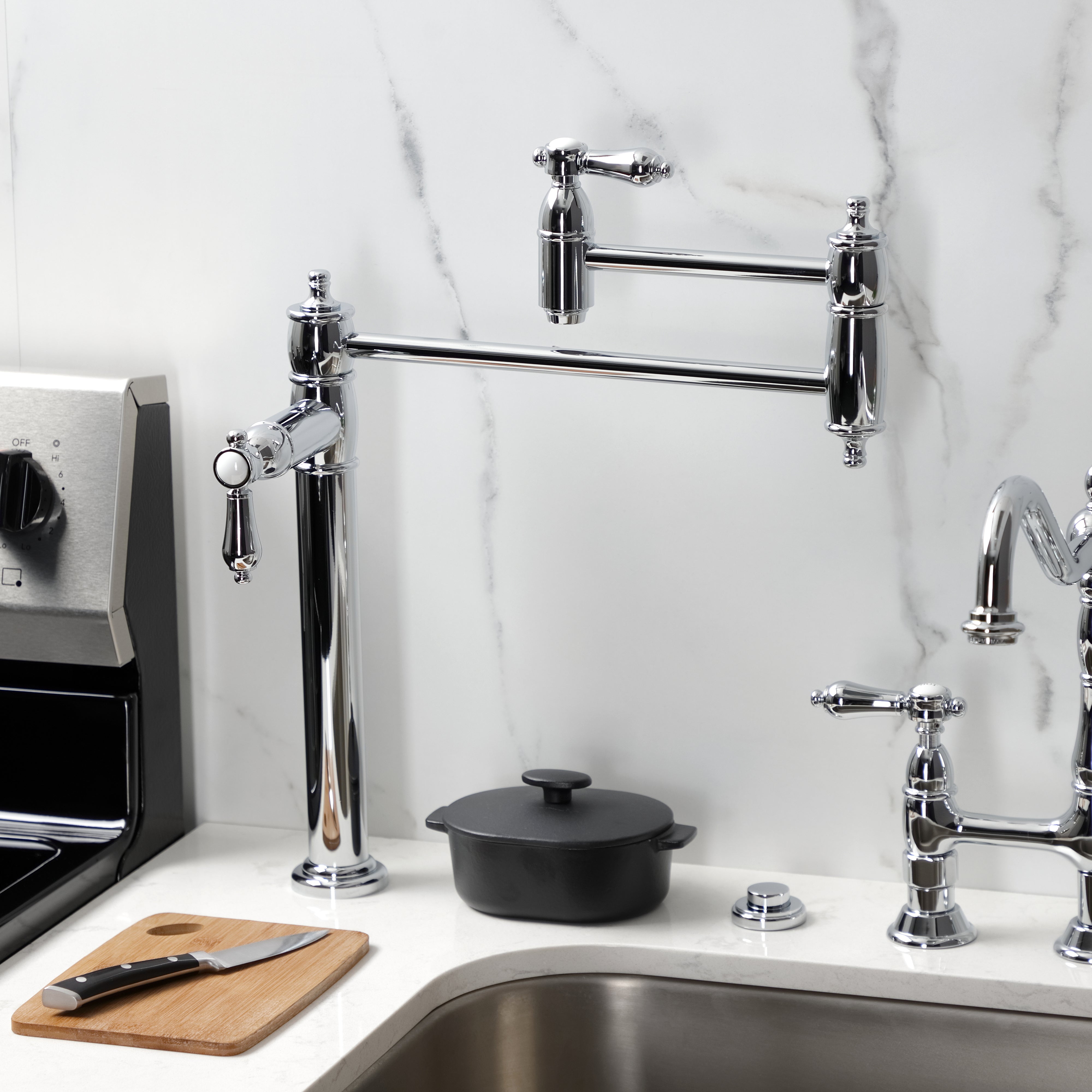 Kingston Brass KS3703BAL Heirloom Deck Mount Pot Filler Faucet, Antique Brass in a modern kitchen setting.