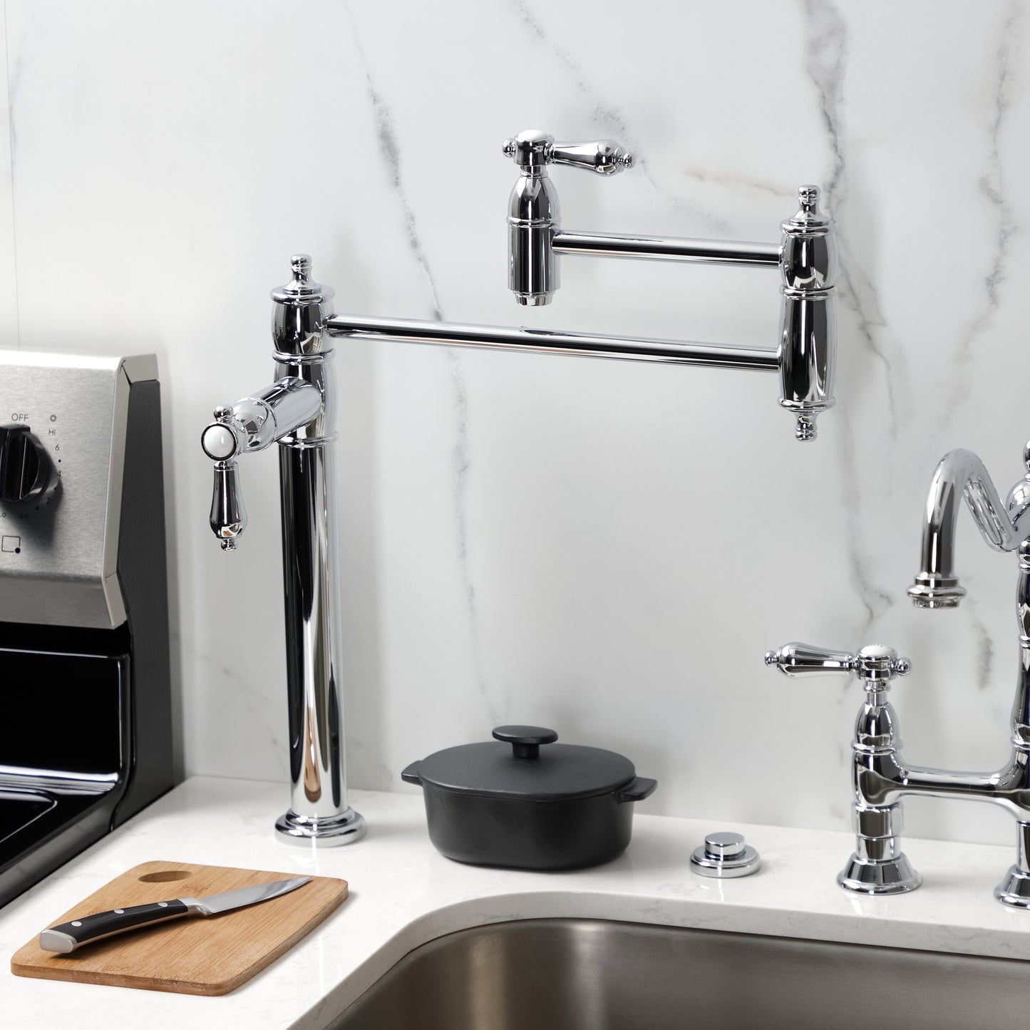 Kingston Brass KS3703BAL Heirloom Deck Mount Pot Filler Faucet, Antique Brass in a modern kitchen setting.