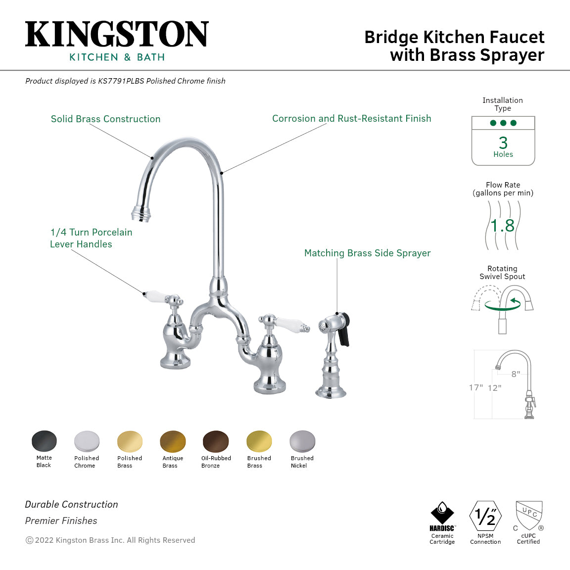 Kingston KS7793PLBS English Country Bridge Kitchen Faucet with Brass Sprayer, Antique Brass features a solid brass construction.