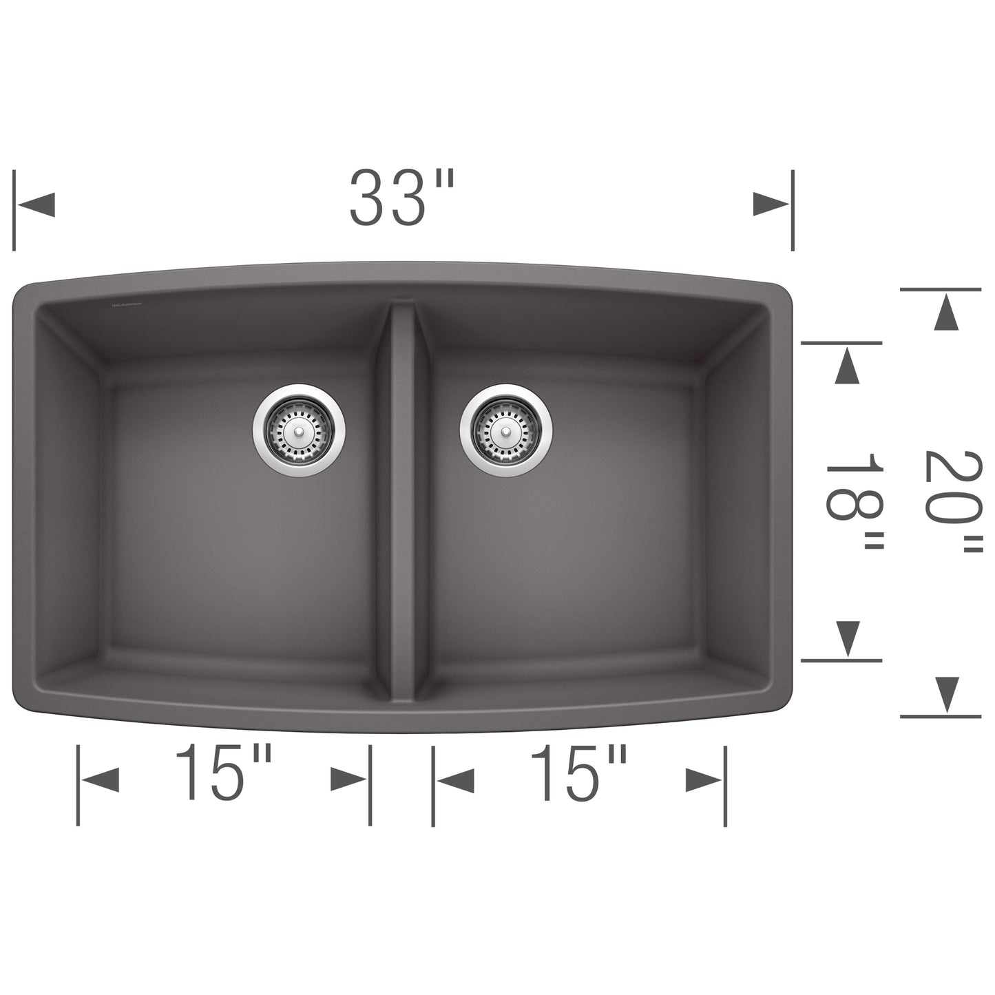 BLANCO Performa SILGRANIT 33" 50/50 Double Bowl Undermount Kitchen Sink top view with dimensions